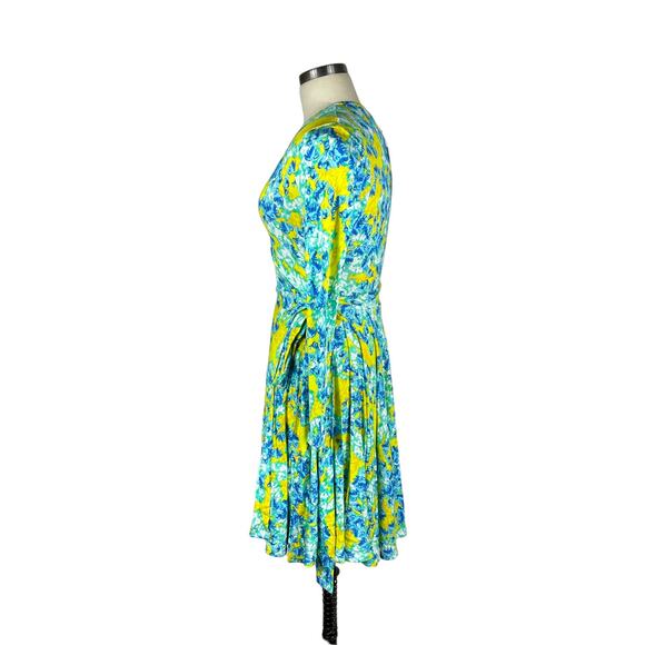 YUMI KIM Vibrant Yellow Green Floral Wrap Jersey Mini Dress Women's Small NWT - Picture 2 of 7